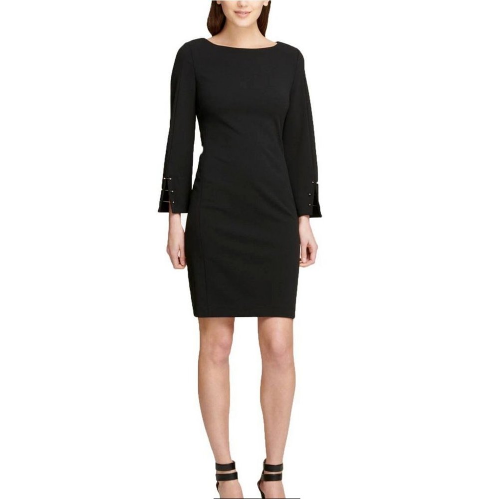 DKNY Dress 4 Black Stretch Sheath Career Church Party Long Bar Sleeve NWT $320
